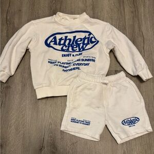 Zara Kids White and Blue Athletic Crew Sweatshirt and shorts